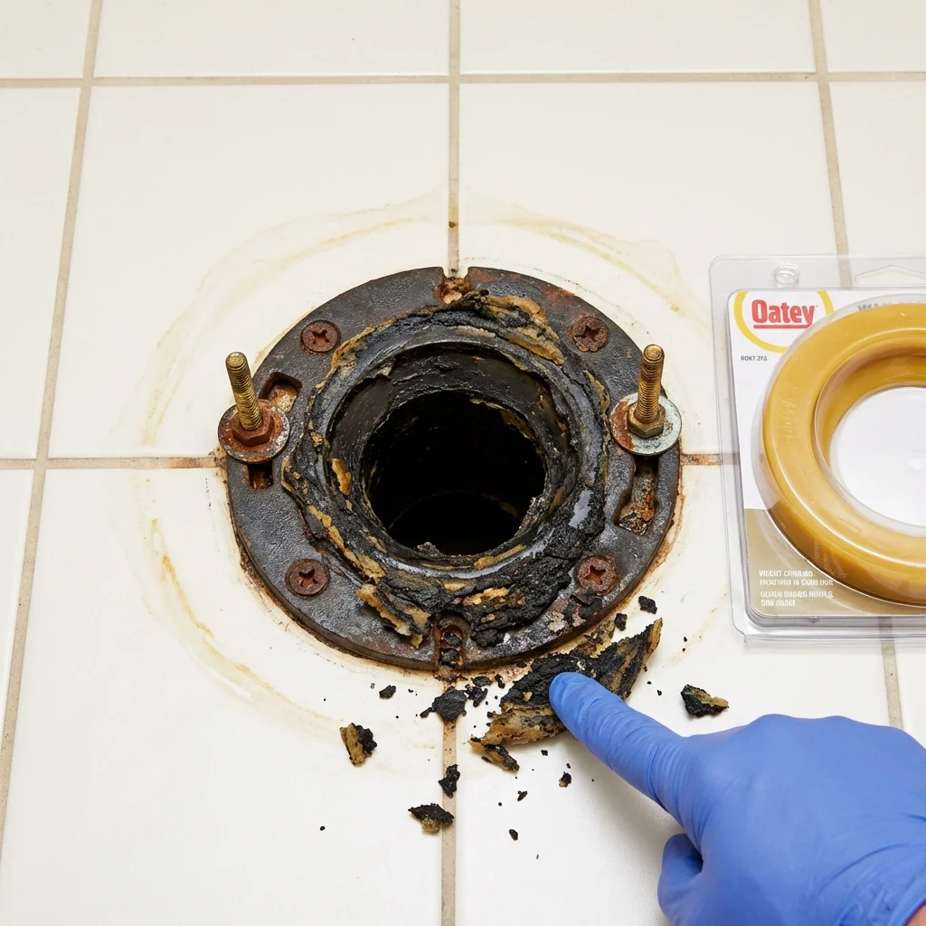 Failed wax ring showing water seepage at the base of a toilet in a Trenton, MI home