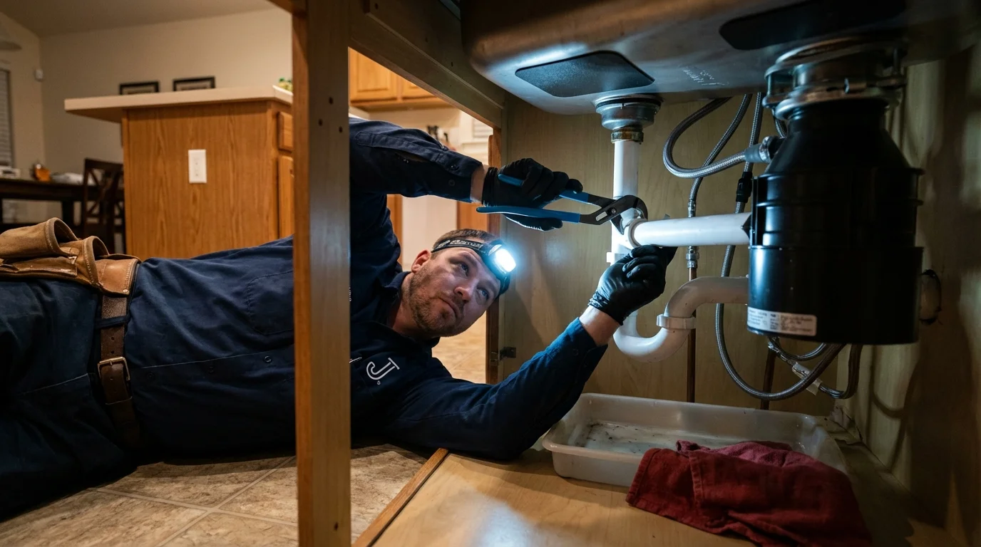 P-trap and supply line connections under a kitchen sink showing a common leak point in Trenton, MI